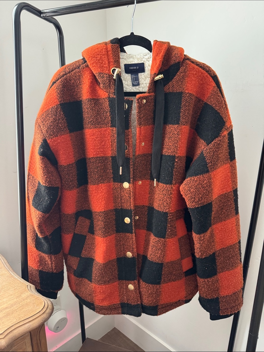 Forever 21 oversized Orange & Black Buffalo Plaid Hooded Shacket